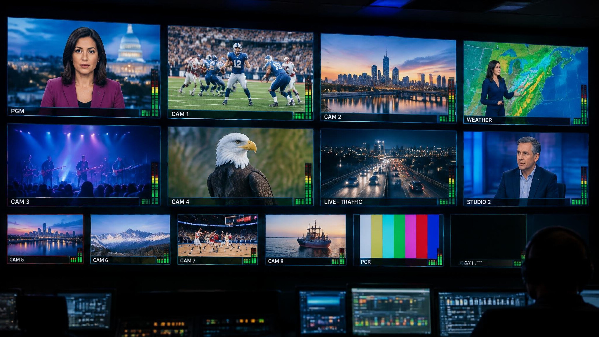 Monitor wall showing multiple live video feeds being routed