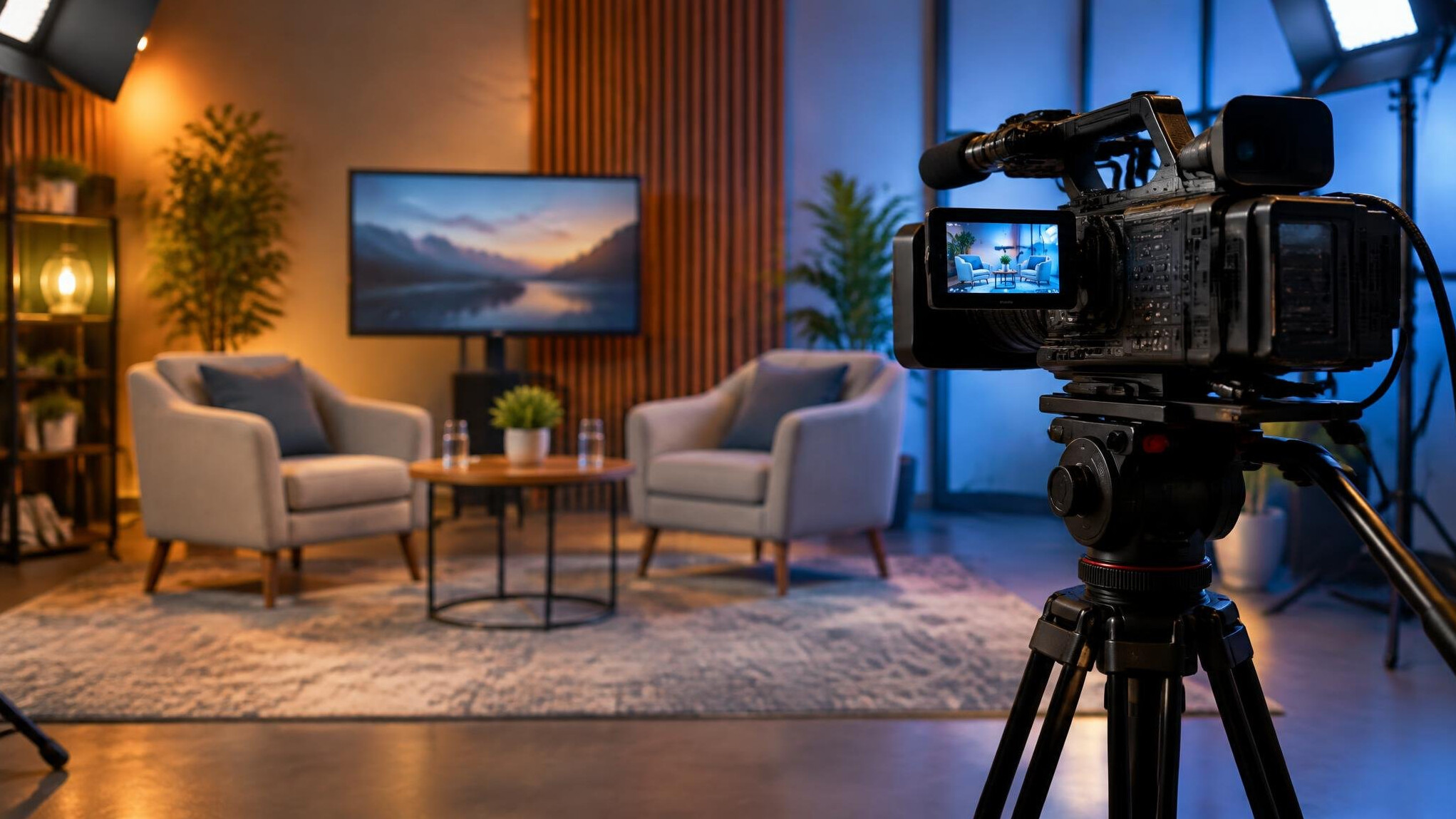 Professional video camera on a tripod pointed at an interview setup