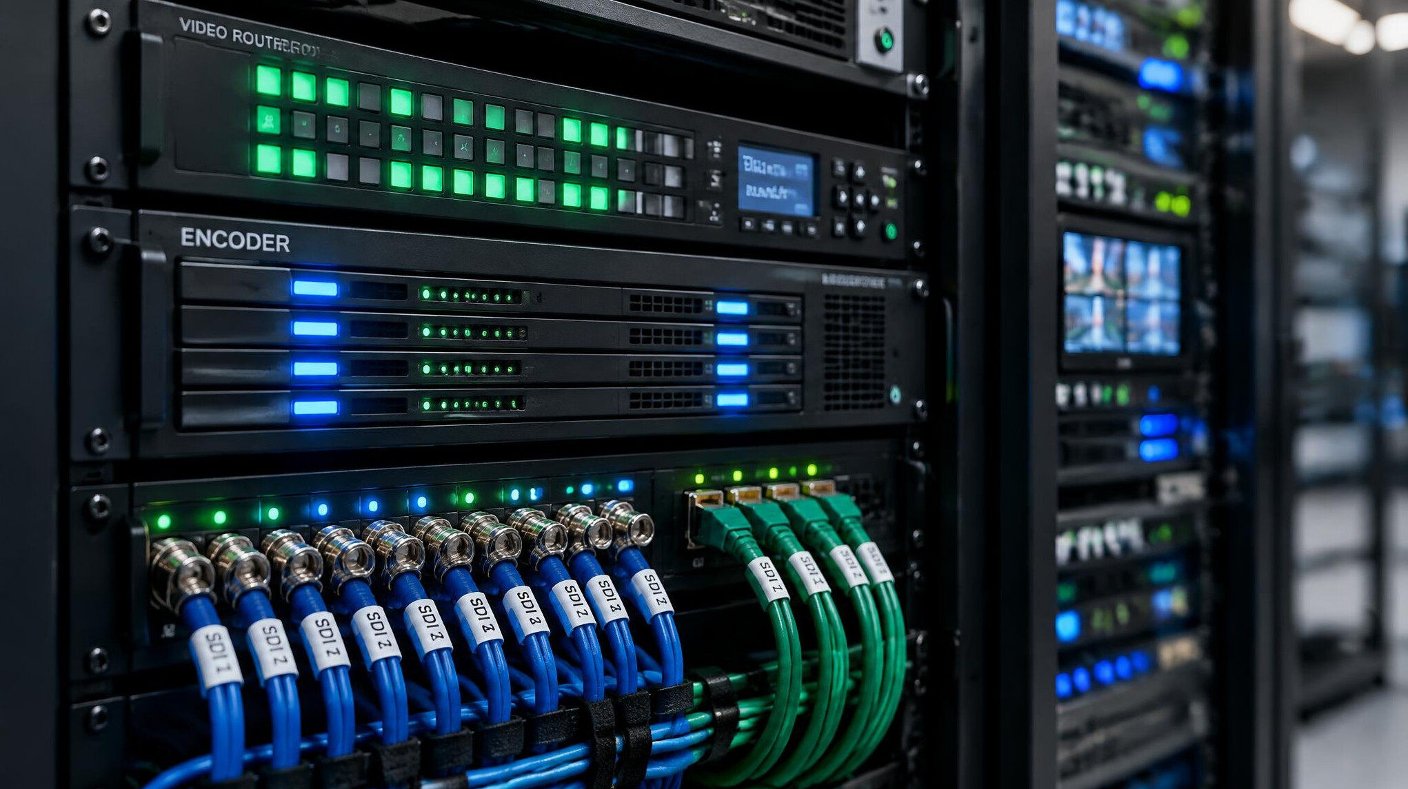 Rack of broadcast video equipment with glowing signal indicators